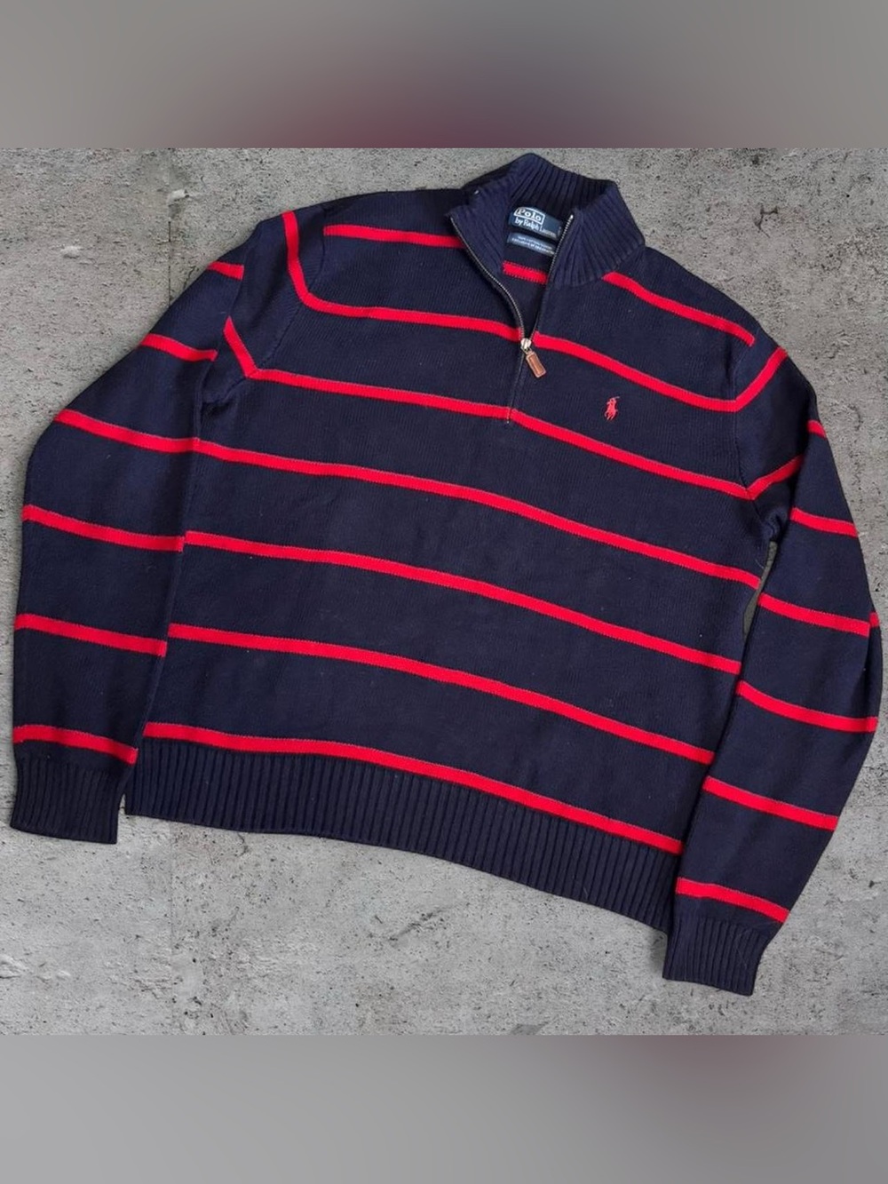Polo Ralph Lauren vintage navy and red striped quarter zip jumper - Picture 6 of 6